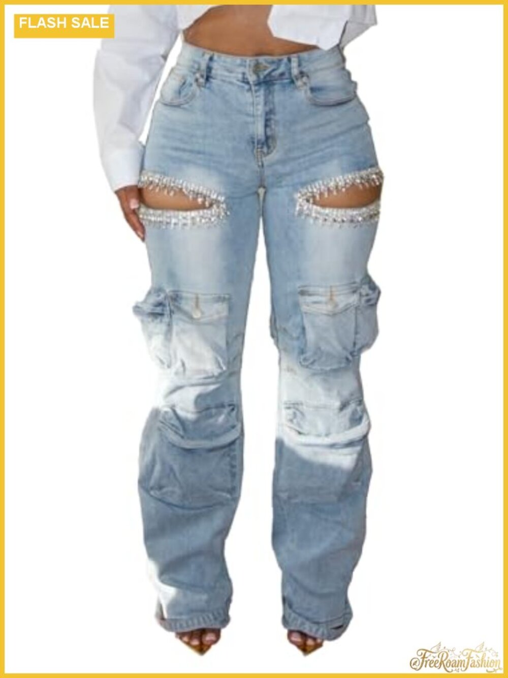 Women Baggy Cargo Jeans Wide Leg High Waisted Camo Army Denim Pants Plus Size
